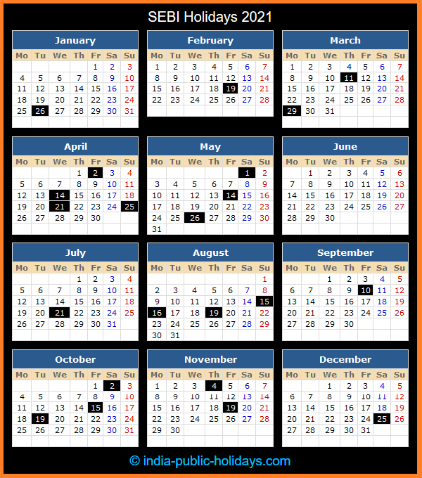 SEBI Holiday Calendar 2021